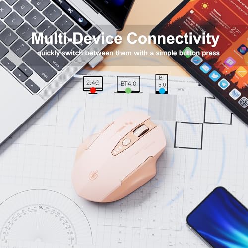Uineer Wireless Bluetooth Mouse,[Upgraded] Rechargeable Computer Mice (BT 5.0/4.0+2.4G Hz) with Visible Battery Level, 4 Adiustable DPl, Portable PC Mouse for MacBook Chromebook,Pink - color: pink
