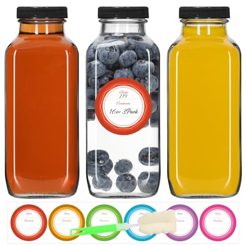 STARSIDE 16oz Glass Juice Bottles 3-Pack with Leak-proof Lids | Square Reusable Drinking Jars for Juicing, Milk, Kombucha - Includes 1 Bottle Brush, 6 Colored Labels - size: 16oz-3pcs
