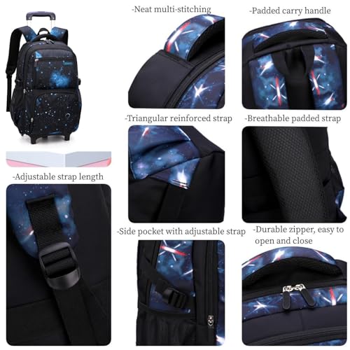 Boys Rolling Backpacks Kids'Luggage Wheeled Backpack for School Kids Trolley Bags Space-Galaxy Roller Bookbag on 2 Wheels - color: Black Blue-starry Sky, style: 2 Wheels+backpack