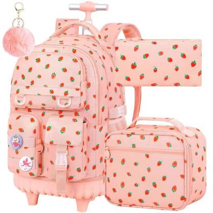 CCJPX Rolling Backpack for Girls, 3Pcs Roller Wheeled School Bookbag, Strawberryra Wheels Backpacks with Lunch Box for Kids (Pink) - color: Strawberry Pink