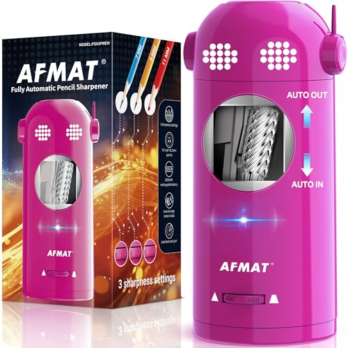AFMAT Electric Pencil Sharpener Fully Automatic, Colored Pencil Sharpeners for 7-11.5mm Pencils, Rechargeable Hands-Free Robot Sharpener for Classroom, Home, Office, Battery Operated, PSX5EW, Pink - color: Pink