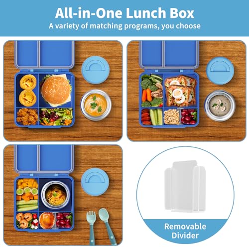 Bento Box for Kids with Thermo Food Container (9oz), 4-Compartment Lunch Box, Adjustable Divider, Leakproof Bento Lunch Box, Includes Utensils & Carry Bag for School, Office(Blue) - color: Blue