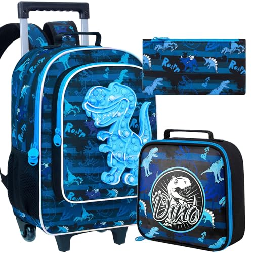 AGSDON 3PCS Rolling Backpack Boys, Kids Roller Wheels Bookbag, Wheeled School Bag with Lunch Bag - Dinosaur Bule - color: Blue