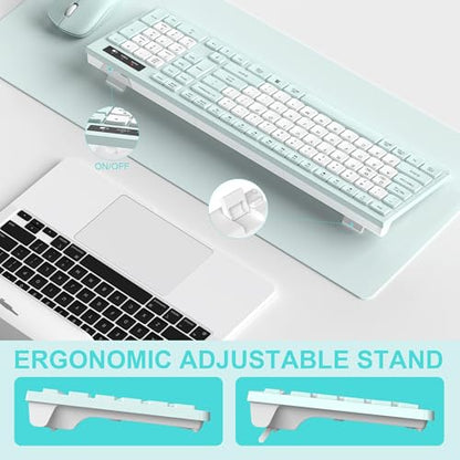 Silent Keyboard and Mouse Combo Wireless,ful-Sized Wireless Keyboard and Adjustable DPI Mouse, 2.4GHz USB Receiver, Keyboard and Mouse for PC, Windows, MAC, Desktop, Laptop (Mint Green-B) - color: Mint Green and white-B