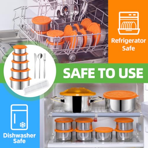 10 Pack Stainless Steel Containers with Lids, 5 Sizes Leakproof Stainless Steel Food Storage Containers, Nesting Snack Holders and Flatware Set with Fork, Knife, Spoon, Chopsticks in Clear Case