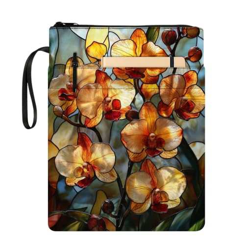 Padded Book Sleeve with Zipper & Front Pocket, Fabric Book Cover | Stained Glass Orchid Flower11.4"x8.7" Washable Canvas Pouch for Hardcovers, Tablets & Reading Accessories - color: Stained Glass Orchid Flower