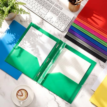 Cholemy 72 Packs Pocket Folders with Prongs Heavy Duty Plastic Folder with Business Card Slot 3 Prong Fasteners for School Office (Rainbow) - color: Rainbow