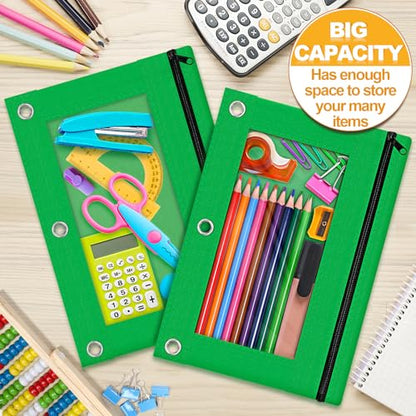 Pencil Pouch for 3 Ring Binder, 2 Pack Pencil Bags with Zipper, Green Pencil Case for Classroom School Office Supplies, Large Sturdy and Durable Cloth Pencil Pocket for 3 Holder Binder - color: Green