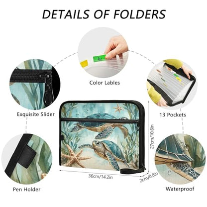 13 Pockets Expanding File Folder Sea Turtle Starfish Accordion File Organizer A4 Letter Size Paper Document Storage Zipper Expandable Folders with Labels