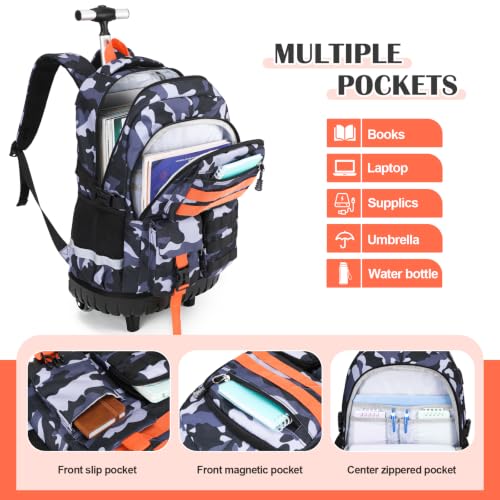DIGOBAY Camo Rolling Backpack for Boys, 3PCS Tactical Kids Rolling Backpack Set with Lunch Bag & Pencil Case, Boys Wheeled School Bookbag for Elementary, Middle, High School - color: Camouflage Gray/Orange