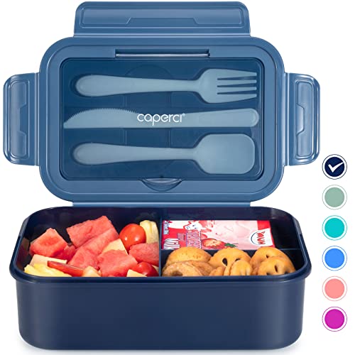 Caperci Classic Bento Box Adult Lunch Box for Older Kids - Leakpoof 47 oz 3-Compartment Containers for Adults and Teens, Built-in Utensil Set, Ideal for On-the-Go Balanced Eating, Navy Blue - color: Navy Blue