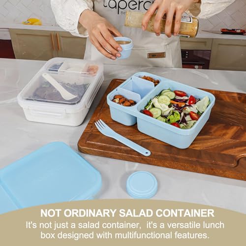 Caperci 2 Pack Salad Containers - Extra-Large 62 oz Bento Lunch Box for Adults, 2-Compartment Meal Prep Container with Removable Toppings Tray, Sauce Cup, Reusable Fork, BPA-Free (Blue & Tofu) - color: Light Blue & Tofu