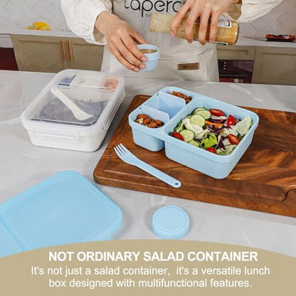Caperci 2 Pack Salad Containers - Extra-Large 62 oz Bento Lunch Box for Adults, 2-Compartment Meal Prep Container with Removable Toppings Tray, Sauce Cup, Reusable Fork, BPA-Free (Blue & Tofu) - color: Light Blue & Tofu