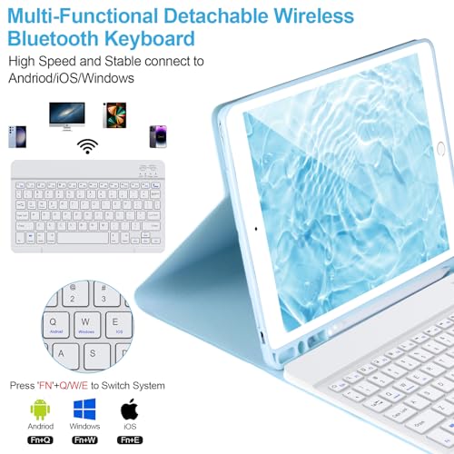 AHYWTAN Keyboard Case for iPad 9/8/7th Gen 10.2’’,Case with Keyboard ipad 10.2 inch,Detachable Bluetooth Keyboard with Pencil Holder, Blue-W - color: Blue-W