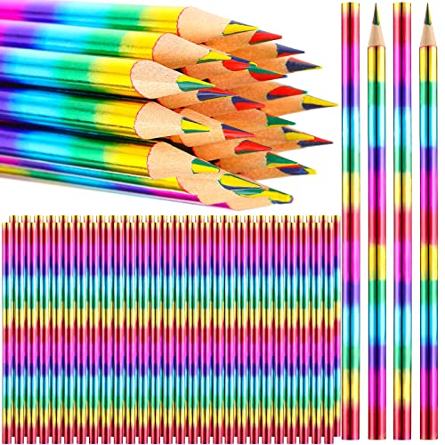 Fainne 96 Pieces Rainbow Colored Pencils, 4 Color in 1 Rainbow Wooden Pencils for Back to School, Kids Art Supplies, Student Reward Gifts (Holographic Type)