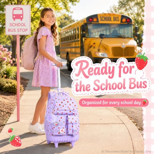 CCJPX 3Pcs Rolling Backpack for Girls, Roller Wheeled School Bookbag, Strawberryra Wheels Backpacks with Lunch Box for Kids (Purple) - color: Strawberry Purple