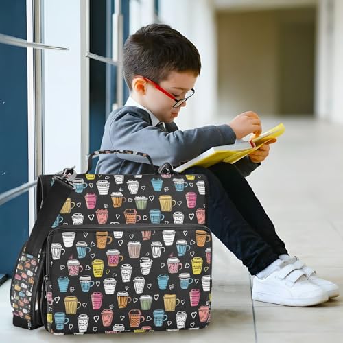 Colorful Coffee Cups Heart Zipper Binder 3-Ring Binder Bag with Shoulder Strap, 500-Sheet Capacity, Multi-Pocket