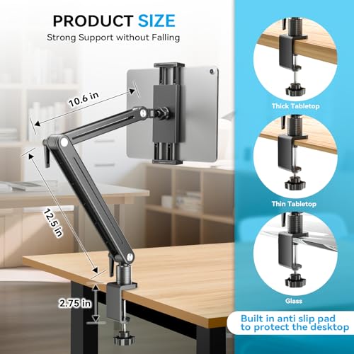 Jakeko Adjustable Tablet Mount for Desk - 360 Degree Rotating Base Tall Arm Holder Stand Swivel Flexible Clamp Soporte para Tablet/Portable Monitor/Ebook - size: up to 15.6"