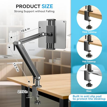 Jakeko Adjustable Tablet Mount for Desk - 360 Degree Rotating Base Tall Arm Holder Stand Swivel Flexible Clamp Soporte para Tablet/Portable Monitor/Ebook - size: up to 15.6"