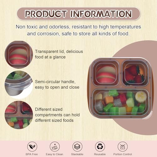 Honeydak 5 Pack Snack Containers 3 Compartment Bento Snack Boxes Divided Meal Prep Containers with Lids Reusable Adults Lunch Food Storage Box for School Work Travel(Cream Brown) - color: Cream Brown