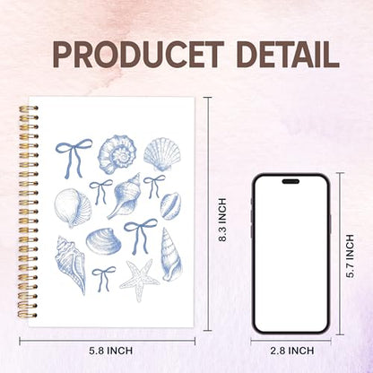 KAOWT Coquette Blue Bow Ocean Beach Notebook Journal, Preppy Beach Notebooks for Note Taking, Blue Ocean Seashell Coastal Hardcover Journal, Girly Preppy Hardcover Spiral Notebook 5.5x8.3in - color: Summer notbook-blue seashell