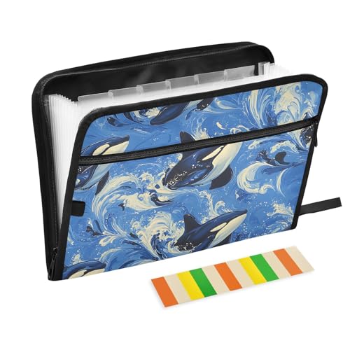 Expanding File Folder Orca Wave Blue Whale Accordion File Organizer 13 Pockets Document Organizer with Zipper Labels A4 Letter Office Storage - color: Multi25