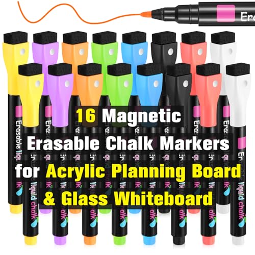 Liquid Chalk Markers Magnetic Wet Erase Markers for Acrylic Calendar Planning Board Clear Glass Writing Board Whiteboard Window/Mirror, 16 Pack, 8 Vibrant Color, 1mm Fine Tip - style: 16 Pack 8 Colors-1mm Tips