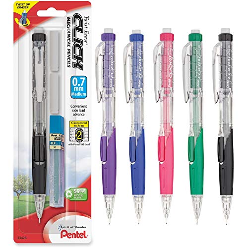 Pentel Twist Erase CLICK Automatic Pencil with 2 Eraser Refills and Lead, 0.7mm, Assorted Barrels, 1 Pack (PD277TLEBP) - size: 1 Count (Pack of 1), style: 0.7 mm