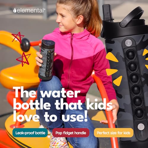 Elemental Iconic Kids Water Bottle with Straw Lid & Stress Relief Pop It Handle, Leak-Proof When Closed, Triple Insulated Kids Stainless Steel Water Bottle For Girls and Boys, 14oz - Black Camo - color: Black Camo, size: 14 Ounces