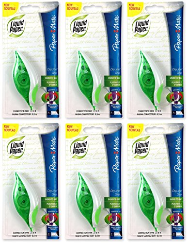 Paper Mate 660415 Liquid Paper DryLine Grip Correction Tape Dispenser, Pack of 6, Transparent Green Body, 1/5 inches Wide x 27.8 feet Long White Tape - Applies Dry, Rewrite Instantly - Swivel Tip