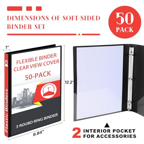 Fulmoon 50 Pcs 3 Ring Binders Bulk with 2 Interior Pockets Round Soft Flexible Ring Binders Holds 175 Sheets with Clear Cover for Office School(Black,1 Inch)