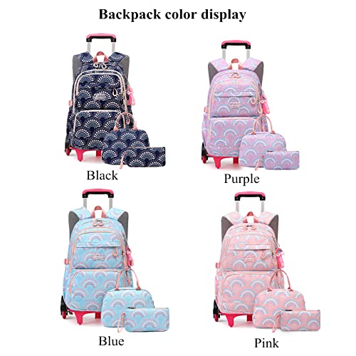 Mfikaryi 3PCS Girls Rolling Backpack Elementary Student Schoolbag Travel Trolley Bag Wheeled Bookbag with Lunch Box - color: 3pcs-purple-6 Wheels