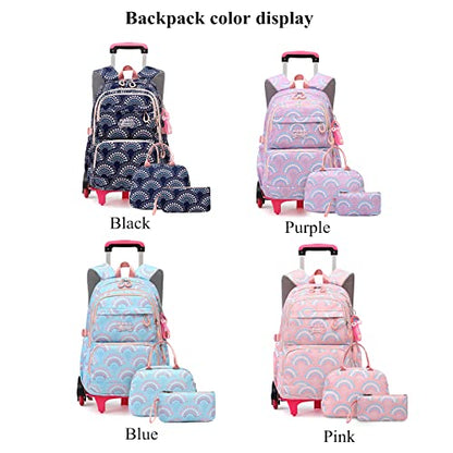 Mfikaryi 3PCS Girls Rolling Backpack Elementary Student Schoolbag Travel Trolley Bag Wheeled Bookbag with Lunch Box - color: 3pcs-purple-6 Wheels