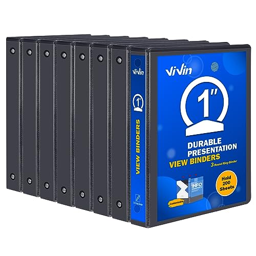 3 Ring Binder 1 Inch, ViVin Sturdy 1"-Round Ring Binder with 2 Interior Pockets, Clear View Cover, PVC-Free, Fits 200 Sheets of 8.5'' x 11'' Paper, Office Home School (8 Pack, Black) - color: Black, size: 1 Inch, style: 8 Pack