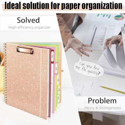 Foldable Spiral Clipboard Folio with Storage Zipper Pouch, 5 Plastic Folders with Pockets,Refillable Lined Notepad (8.5" x 11"), Hardcover Project Organizer with 36 Stickers - color: 2-rose Golden