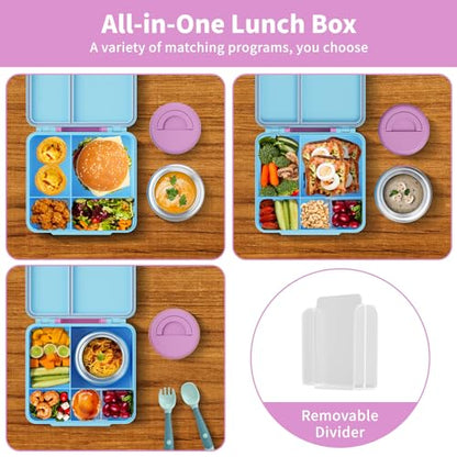 Bento Box for Kids with Thermo Food Container (9oz), 4-Compartment Lunch Box, Adjustable Divider, Leakproof Bento Lunch Box, Includes Utensils & Carry Bag for School, Office(Light Blue) - color: Light Blue