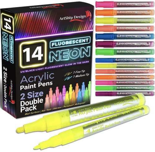 14 Pack Neon UV Fluorescent Acrylic Paint Pens, Double Pack of Both Extra Fine and Medium Tip Paint Markers, for Rock Painting, Mug, Ceramic, Glass, and More, Water Based Non-Toxic and No Odor - color: Fluorescent Neon