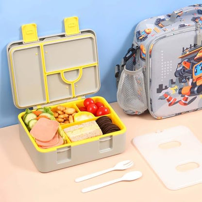 rockpapa Chill Bento Box for Kids- Large 5.5 Cups Lunch Box with Ice Pack - 5 Compartments, BPA-Free, Leak Proof, with Utensils & Portable Handle, Microwave/Dishwasher Safe (Grey Constr Trucks) - color: Grey Constr Trucks
