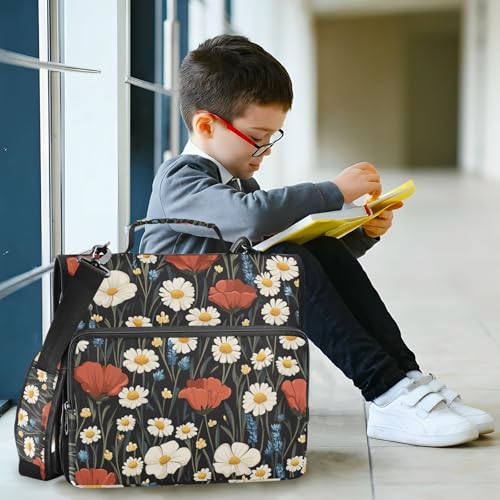 Poppy and Daisy Flowers Black Zipper Binder 3 Ring 1.5 Inch School Binder Organizer with Shoulder Strap Handle File Folder Pockets Large Capacity Students Girl Boy Men Office Work - color: Poppy and Daisy Flowers Black