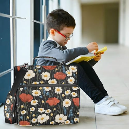 Poppy and Daisy Flowers Black Zipper Binder 3 Ring 1.5 Inch School Binder Organizer with Shoulder Strap Handle File Folder Pockets Large Capacity Students Girl Boy Men Office Work - color: Poppy and Daisy Flowers Black