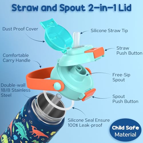 Fimibuke 14oz Kids Insulated Water Bottle with 2-in-1 Straw & Spout Lid | Leak Proof 18/8 Stainless Steel Vacuum Tumbler with Pop-Open Lid, BPA-Free Kids Cup for Travel School Girl Boy Toddler 2 Pack - color: Dinosaur & Shark, size: 14 Ounces