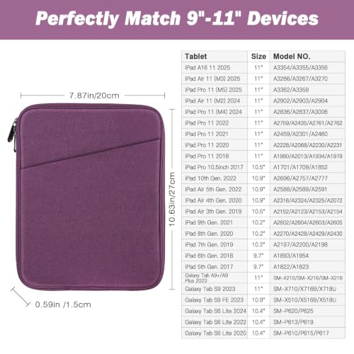 MoKo 9-11 Inch Tablet Sleeve Bag Carrying Case with Accessory Pocket | Fits iPad Air 11-inch M4, iPad Pro 11-inch M5, iPad A16 11-inch, iPad 10/9/8/7th and Tab S9/S8 11-inch, Purple - color: Purple, size: 9-11 Inch
