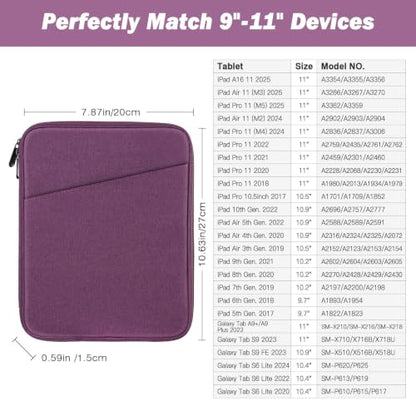 MoKo 9-11 Inch Tablet Sleeve Bag Carrying Case with Accessory Pocket | Fits iPad Air 11-inch M4, iPad Pro 11-inch M5, iPad A16 11-inch, iPad 10/9/8/7th and Tab S9/S8 11-inch, Purple - color: Purple, size: 9-11 Inch