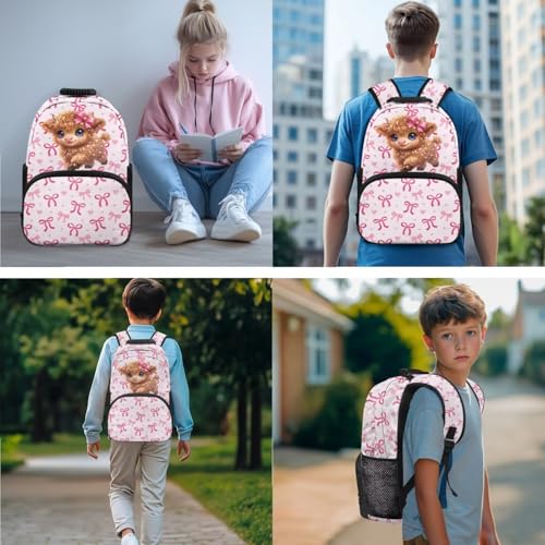 3-in-1 Girls Backpack School Bag and Lunch Box Set Pencil Case for Middle School Teen Highland Cow Print Lightweight Elementary Schoolbags Book Bag Travel Casual Daypack - color: Pink Bows-highland Cow Print