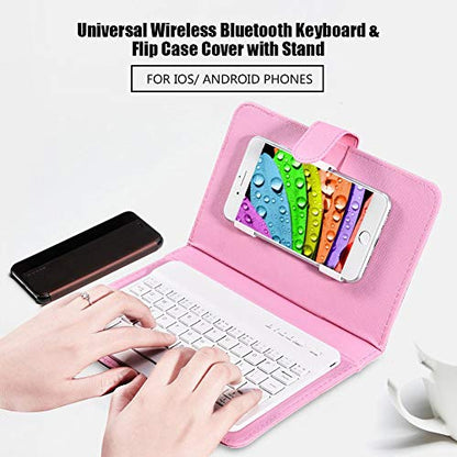 Portable Bluetooth Keyboard with Leather Case Cover with for 4.5''-6.8'' iOS, Android and Windows Smart Phones, Detachable with Kickstand - color: Pink