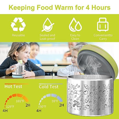 Lille Home Portable Insulated Lunch Box Set with Stainless Steel Cutlery, vacuum lunch box, to Keep Food Warm or Cool, Two Containers for Fruits and Sauces, Durable and Leak-Proof - color: Green