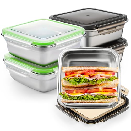 Blushtier 4 Pack Food Grade 304 Stainless Steel Sandwich Containers, Leakproof Metal Lunch Containers with Airtight Lids, Food Storage Box for Sandwiches, Snacks & Meal Prep, 25.4 oz - color: Black and Green, size: 25.4 oz