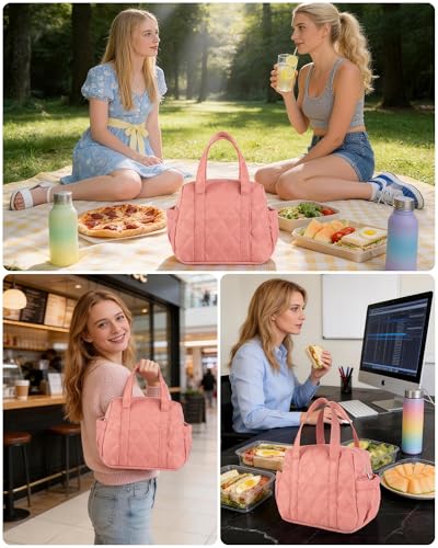 Quilted Puffer Lunch Bag for Women, Insulated Lunch Tote with Foil Lining, Leak-Resistant Reusable Lunch Cooler Bag, Roomy Soft Lunch Box for Work, School, Picnic and Travel (Dark Pink) - color: Dark Pink