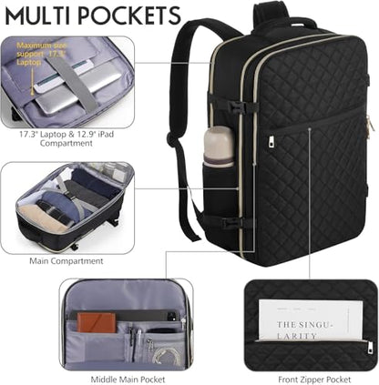 MOMUVO Large Travel Backpack Women, Flight Approved Carry On Backpack, Water Resistant Anti-Theft Casual Daypack School Bag Fit 17 Inch Laptop with USB Charging Port, Black - color: Black, size: 17.3 inch