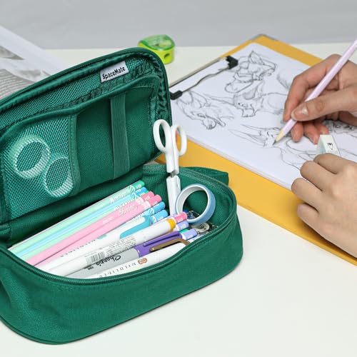 SPACEMATE Heavy Duty Canvas Pencil Case Pouch Bag - Holds 50-100 Pencils - Large Big Capacity Aesthetic Pen Case School Supplies for Girls Boys Women Men Adults (Green) - color: Green